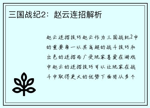 三国战纪2：赵云连招解析